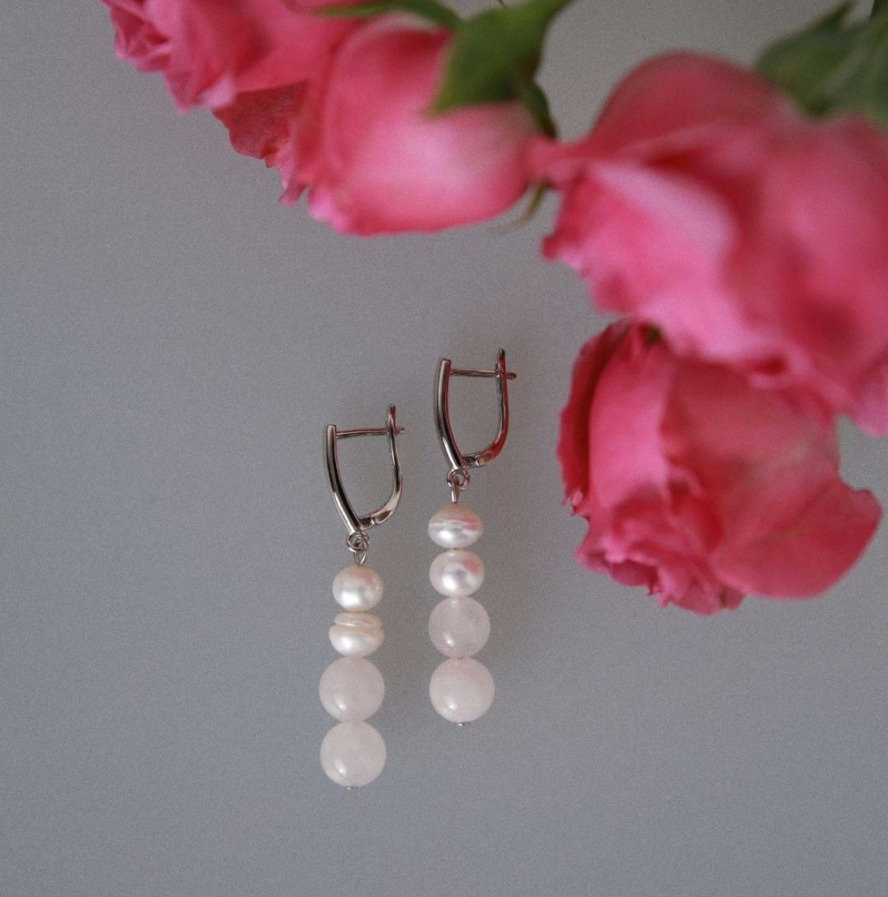 Серьги По любви с розовым кварцем и жемчугом