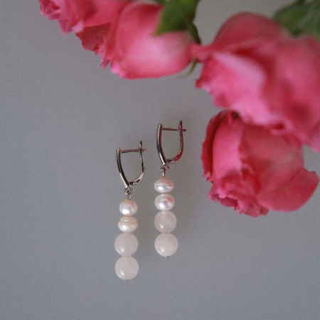 Серьги По любви с розовым кварцем и жемчугом