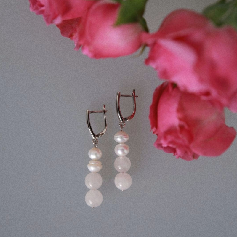 Серьги По любви с розовым кварцем и жемчугом