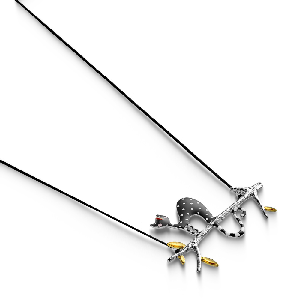 Серебряный кулон на шнурке Кошка на ветке II