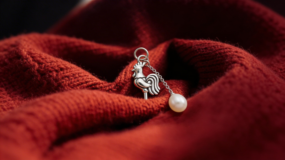 Серебряная подвеска Петушок с жемчужиной на короткой цепочке