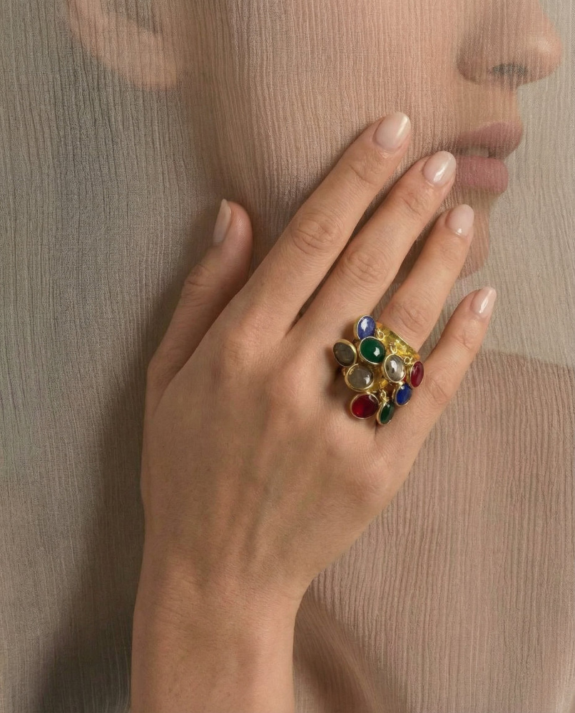 Кольцо Осколки витражей комбинированный кварц золотистое