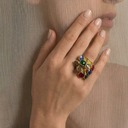 Кольцо Осколки витражей комбинированный кварц золотистое