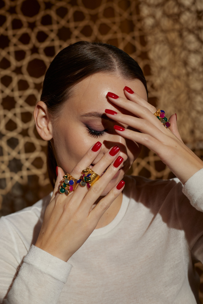 Кольцо Осколки витражей комбинированный кварц золотистое