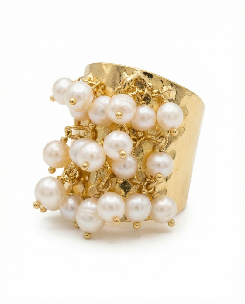 Кольцо Осколки витражей с жемчугом золотистое