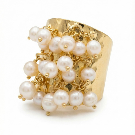 Кольцо Осколки витражей с жемчугом золотистое