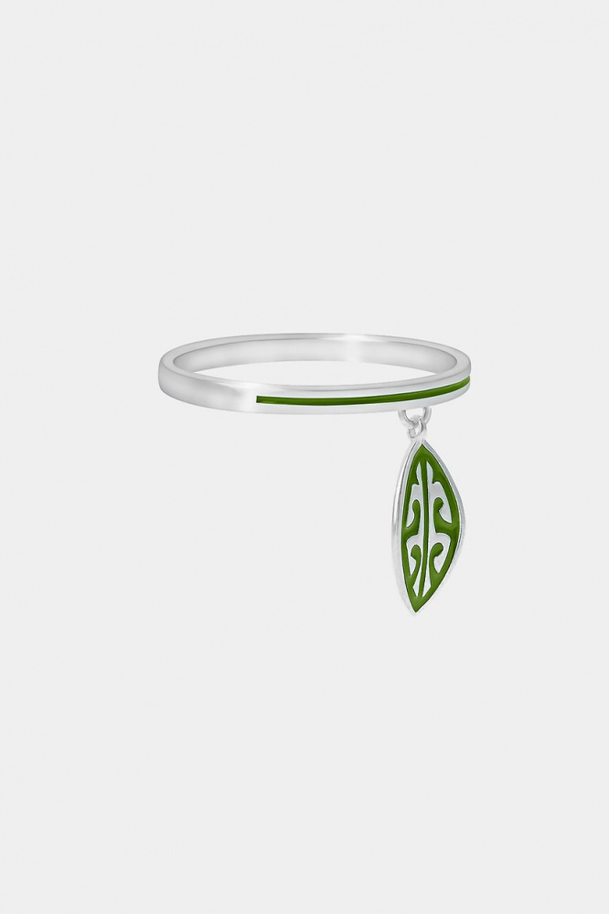 Кольцо Листик с зелёной эмалью 