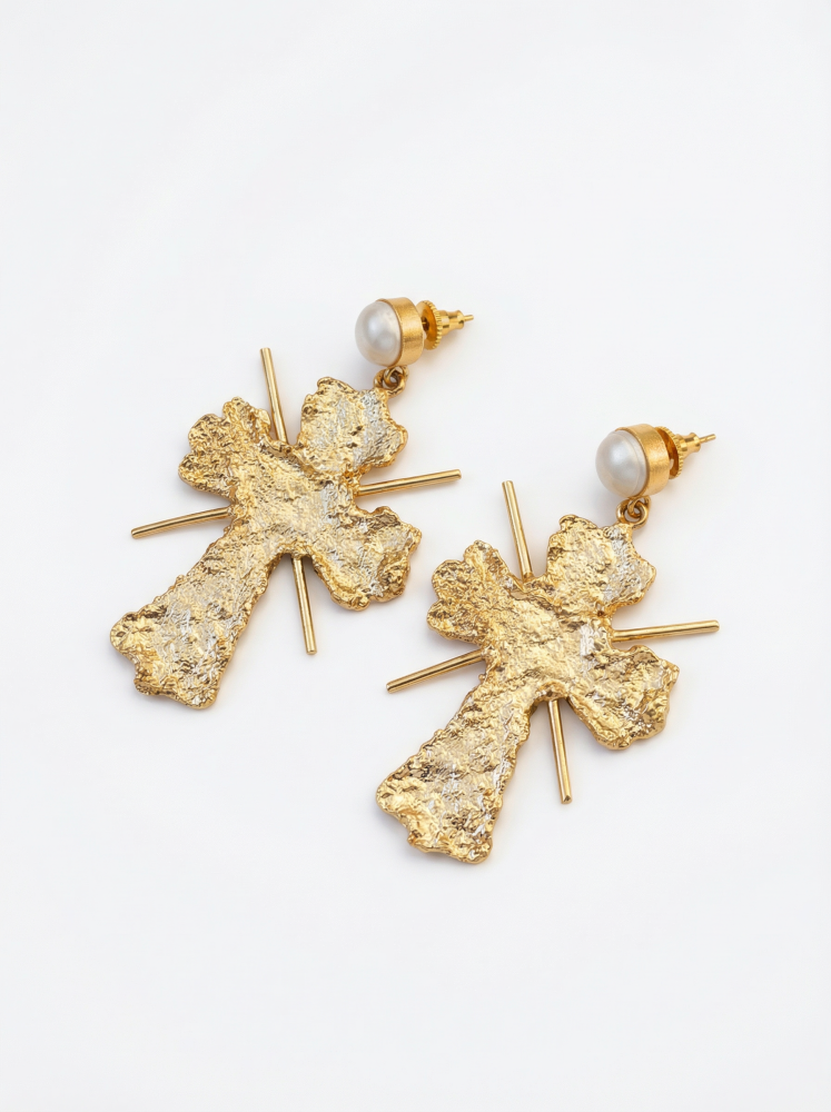 Серьги Кресты со вставками из жемчуга золотистые