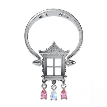 Кольцо-трансформер Окошко с лунным камнем и розовым турмалином