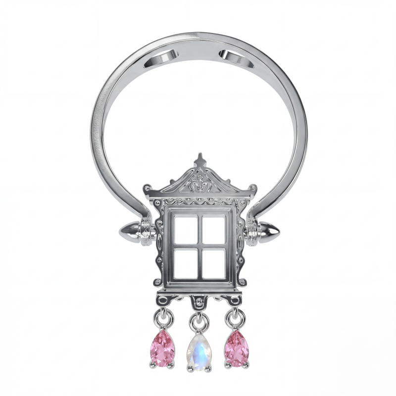 Кольцо-трансформер Окошко с лунным камнем и розовым турмалином