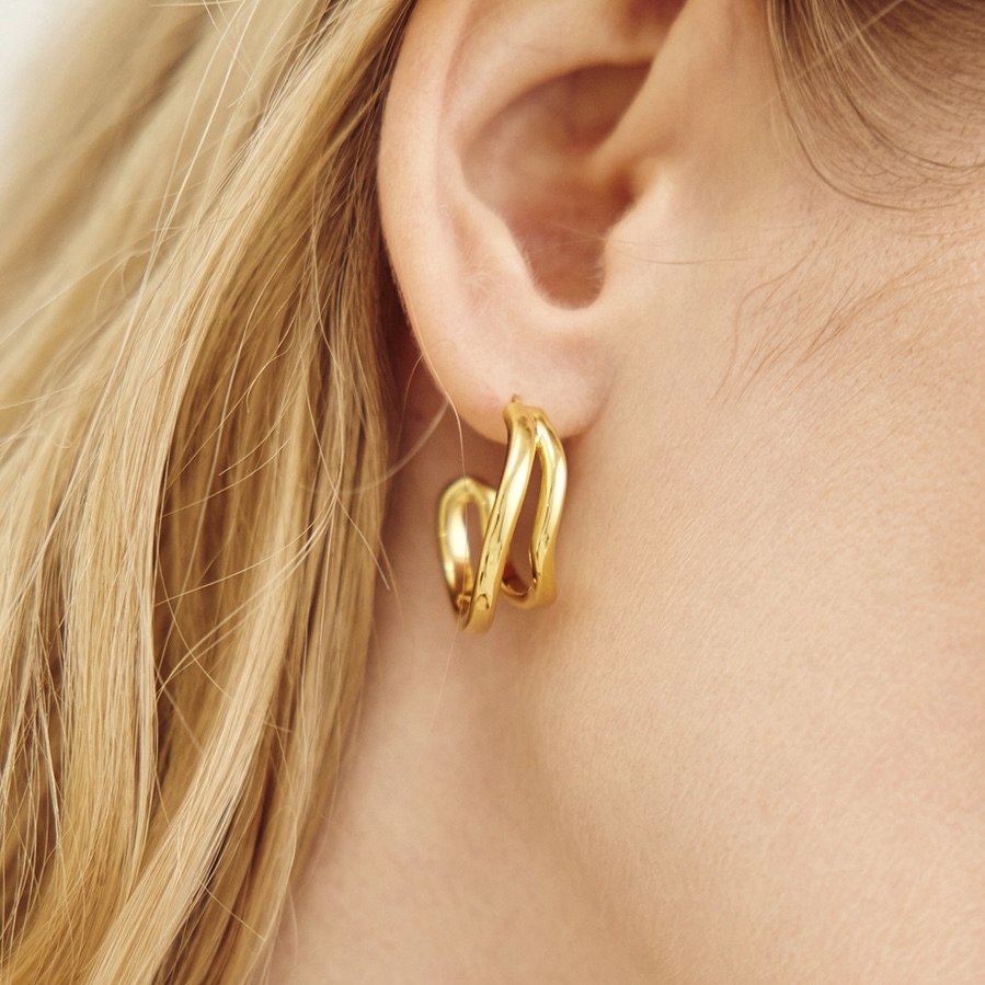 Серебряные серьги-хулахупы с двойным изгибом в покрытии золотом (LATINA)