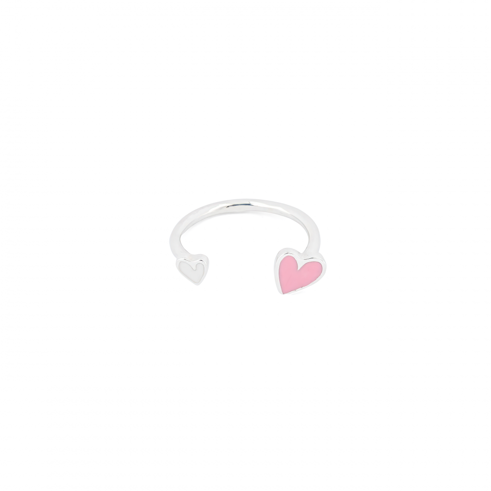 Кольцо с двумя сердцами розово-белая эмаль