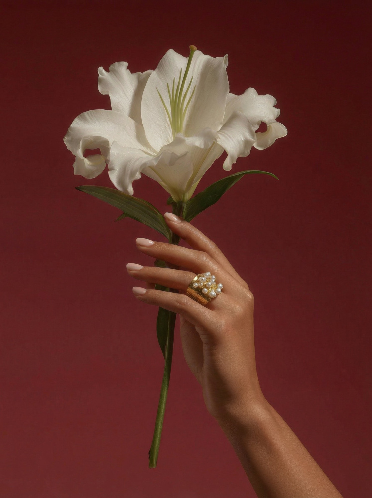 Кольцо Осколки витражей с жемчугом золотистое