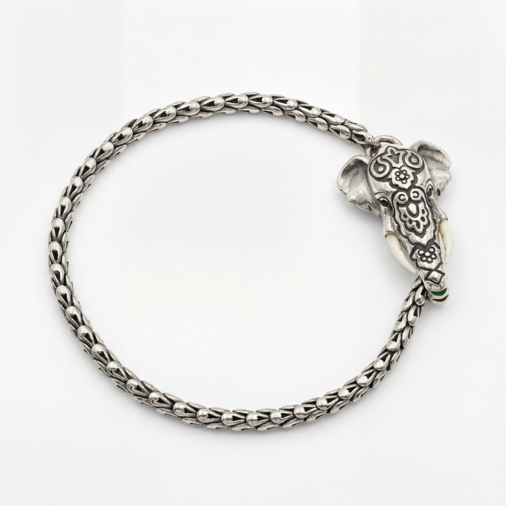 Серебряный браслет Индийский слон с бивнями из бивня мамонта