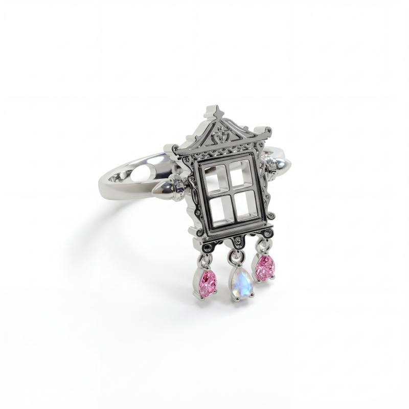Кольцо-трансформер Окошко с лунным камнем и розовым турмалином