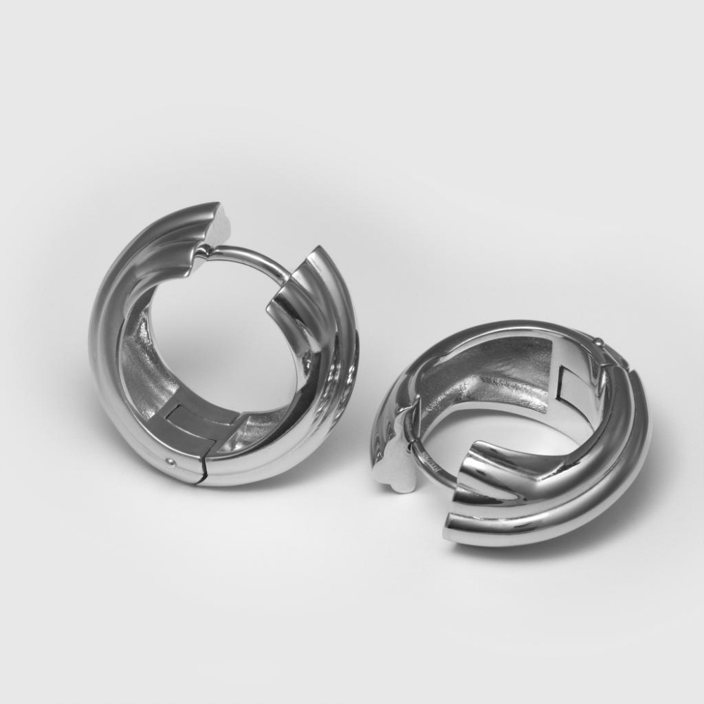 Серебряные серьги-кольца объёмные с переплетением в родиевом покрытии (ROMAGNA)