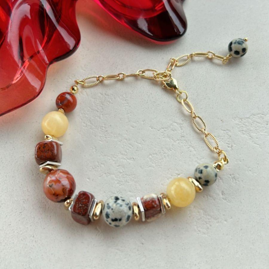 Браслет Микс из яшмы, агата, яшмы далматин с цепочкой