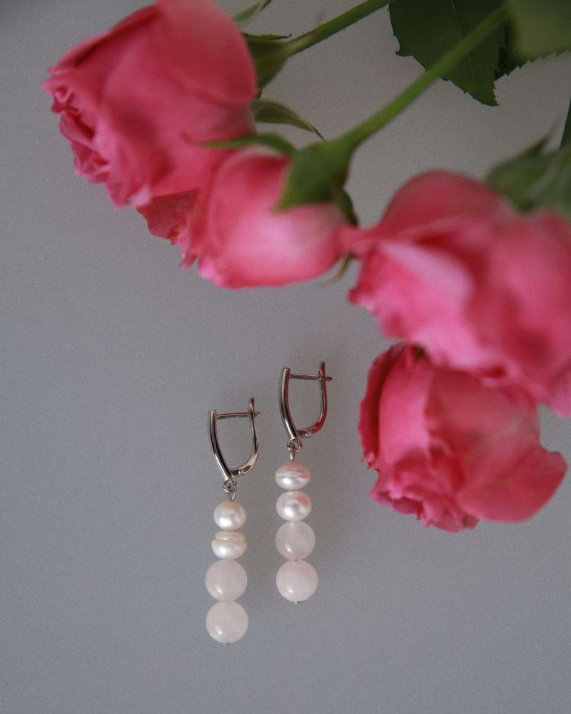 Серьги По любви с розовым кварцем и жемчугом