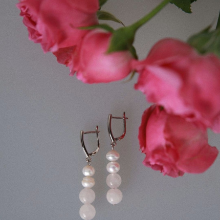Серьги По любви с розовым кварцем и жемчугом