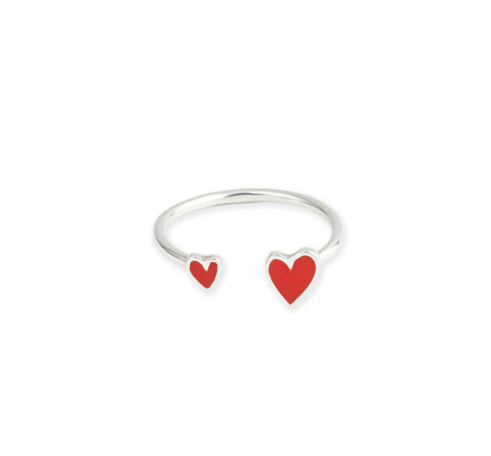 Кольцо с двумя сердцами с красной эмалью