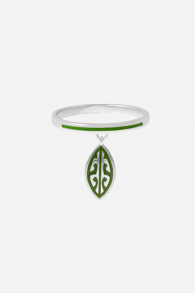 Кольцо Листик с зелёной эмалью 