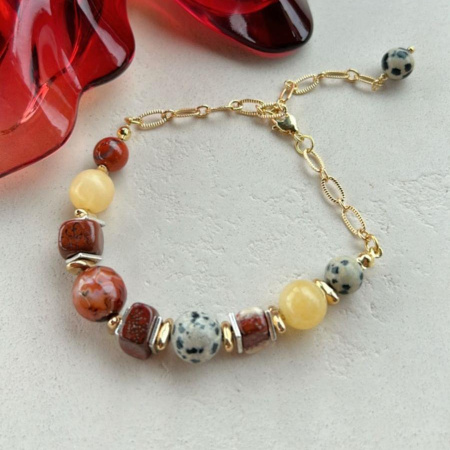 Браслет Микс из яшмы, агата, яшмы далматин с цепочкой