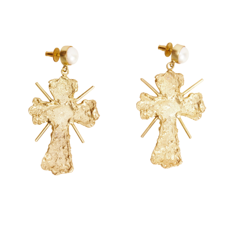 Серьги Кресты со вставками из жемчуга золотистые