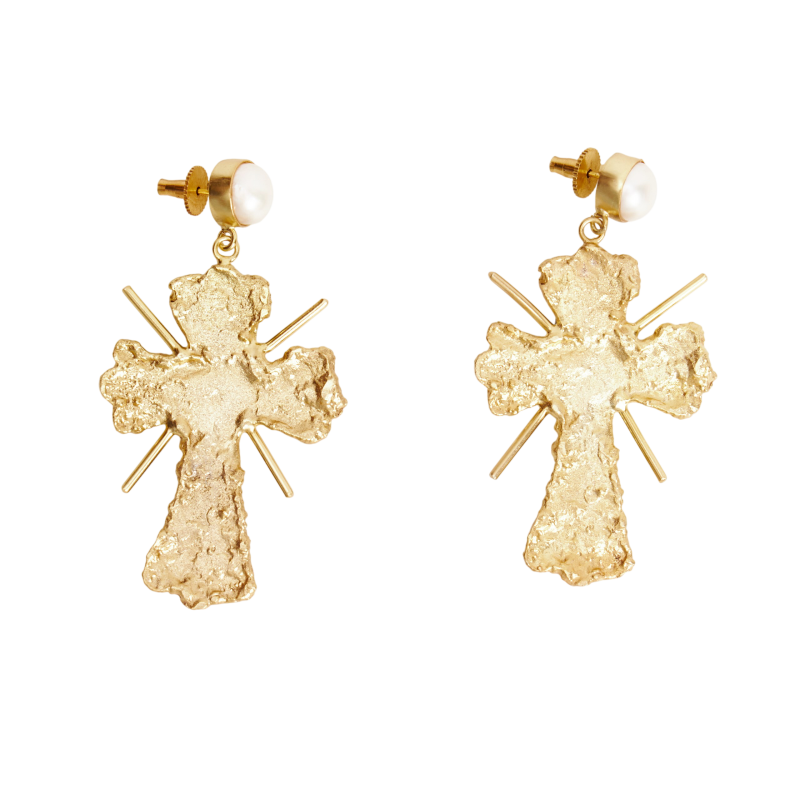 Серьги Кресты со вставками из жемчуга золотистые